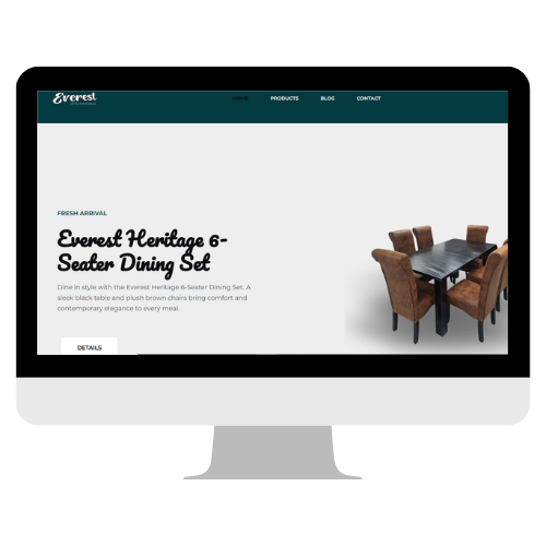 Ecommerce furniture website design featuring Everest Heritage 6-seater dining set with product showcase, modern layout, and online shopping navigation.