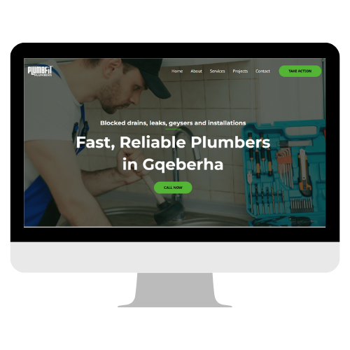 Plumbing services website design for Plumbfit in Gqeberha highlighting blocked drains, leaks, geysers, and installations with fast, reliable service call-to-action.