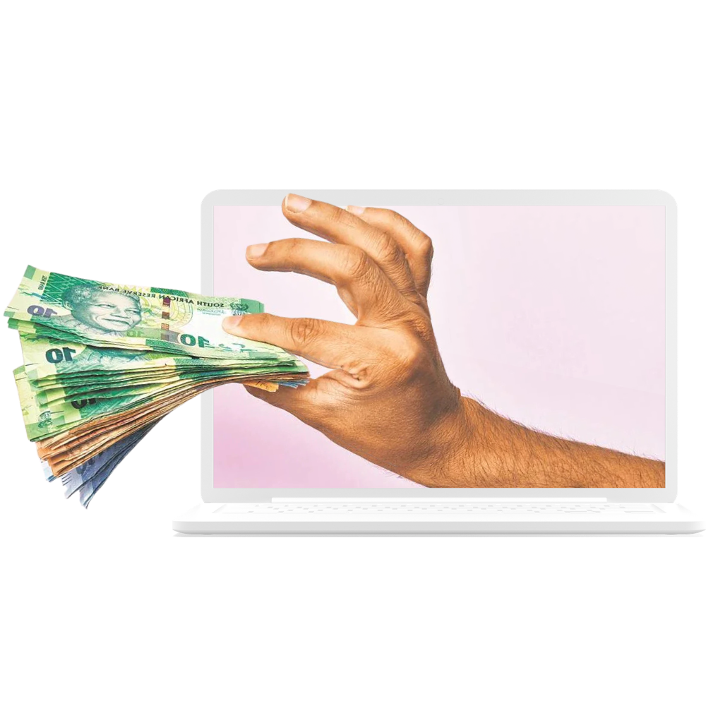 Hand pulling money out of a laptop, symbolizing a website that generates real sales and revenue
